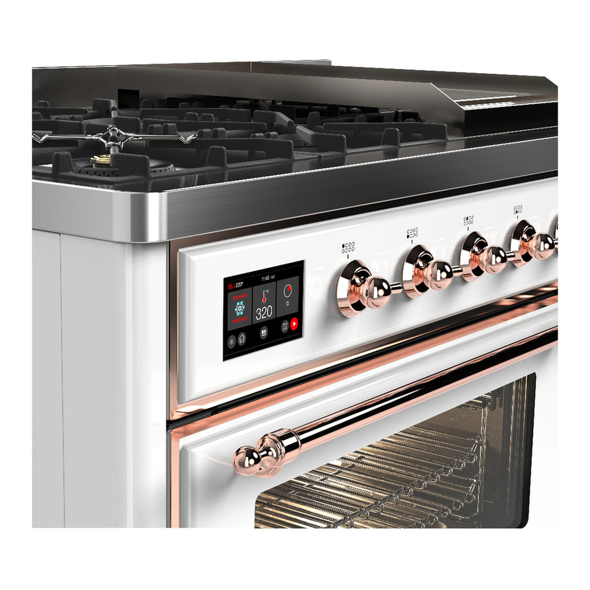 White dual-fuel range close-up of copper control knobs and digital display above oven door