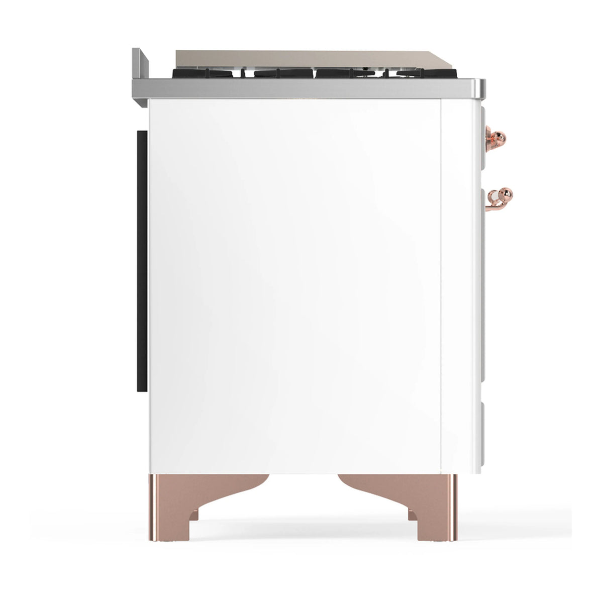 White side view of dual-fuel range with copper trim accents and raised control back panel