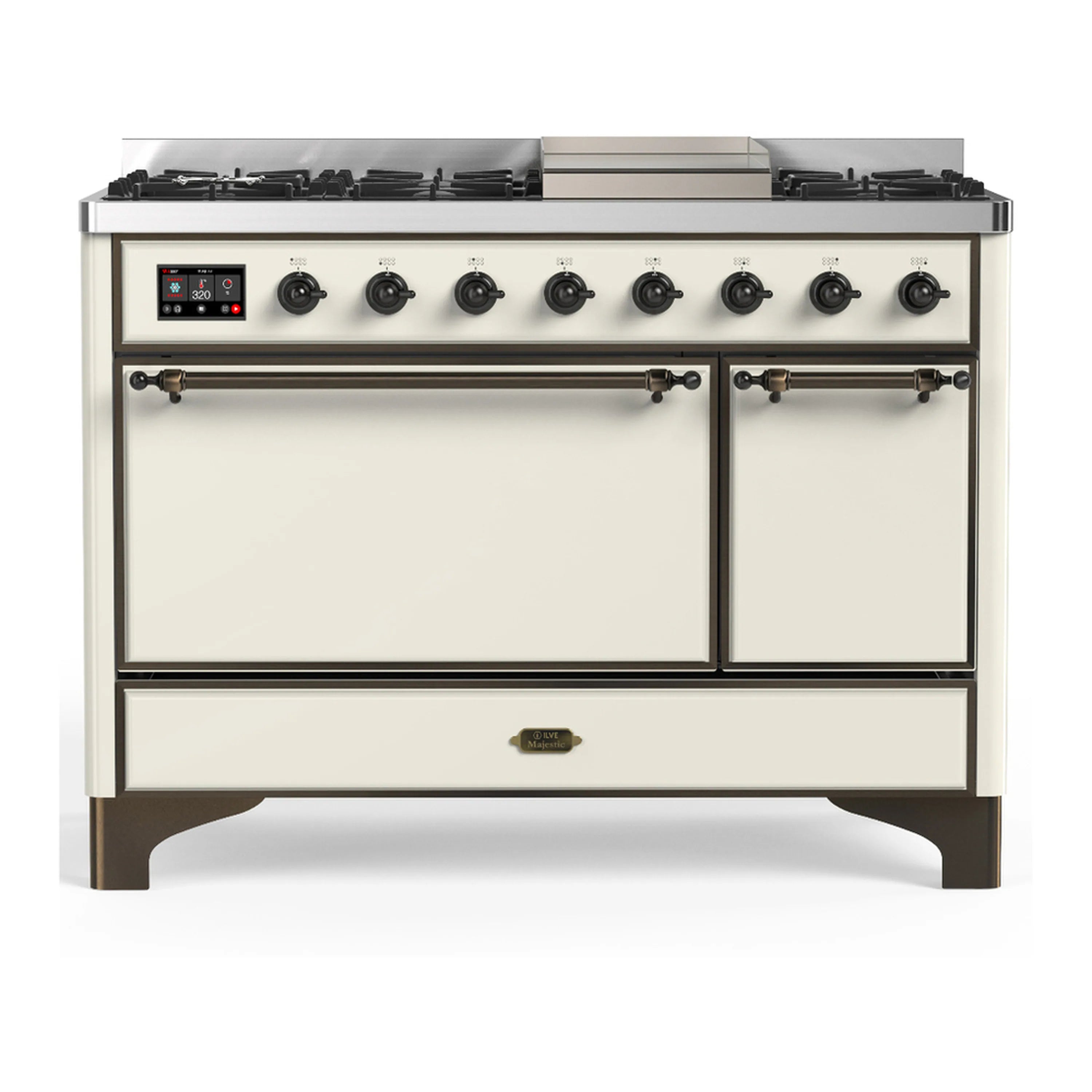 Antique white dual-fuel range with five gas burners and black control knobs