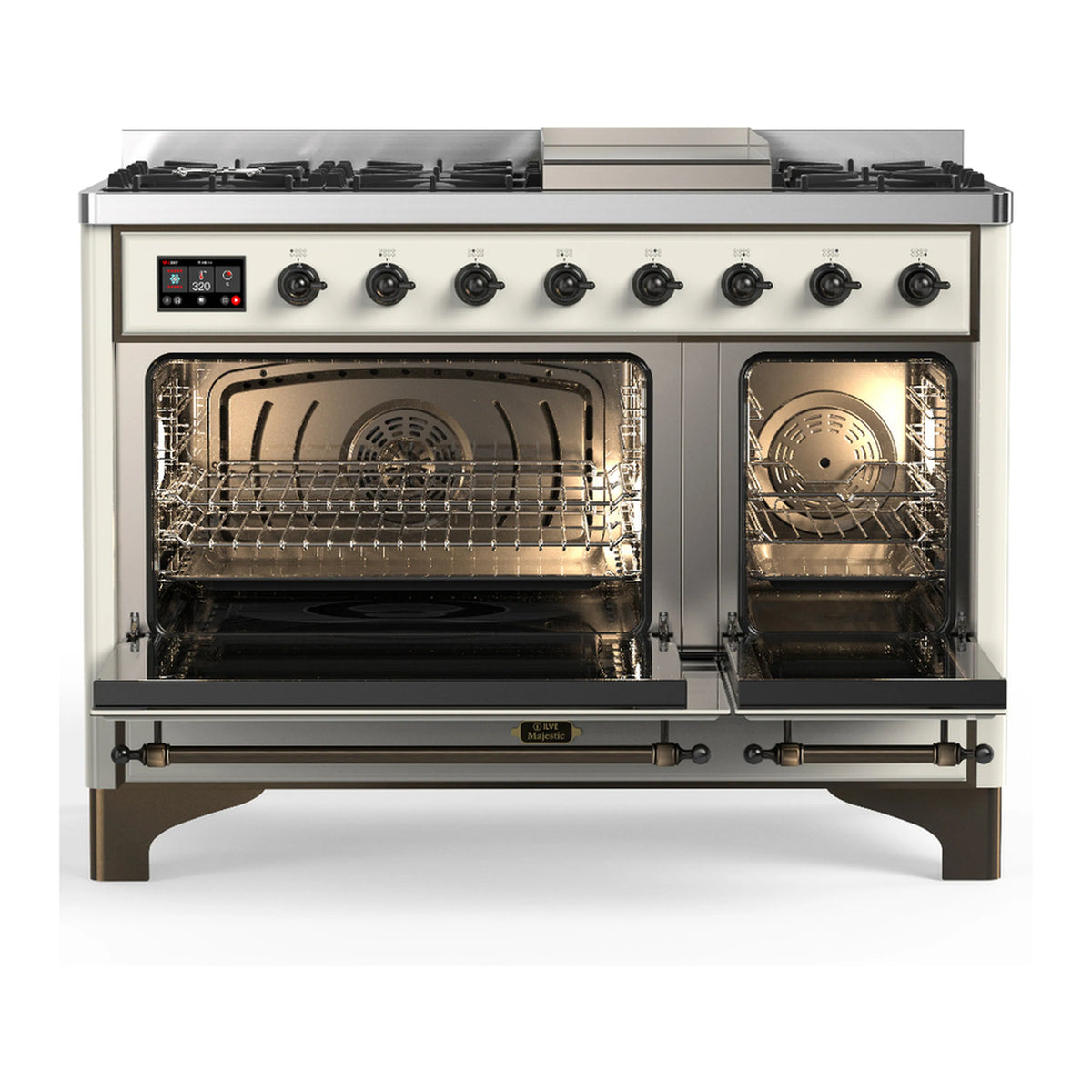 Antique white dual-fuel range with open oven doors, racks inside, and burner control knobs