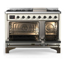 ILVE Majestic III 48-inch Dual Fuel Range with 5 Liquid Propane Burner, Griddle and Solid Door Electric Oven in Antique White with Burnished Trim (UM48FQNR3AWBLP)