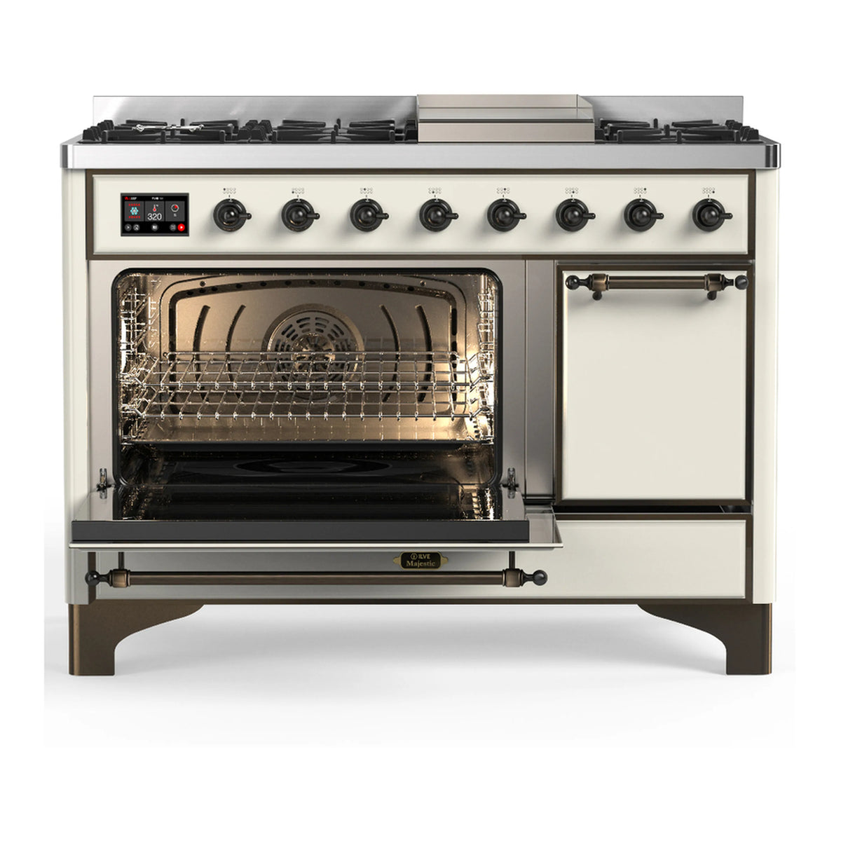 Antique white dual-fuel range with open oven and closed right storage door