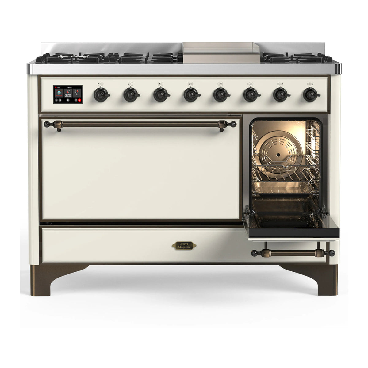 Antique white dual-fuel range with open right oven and closed left oven door