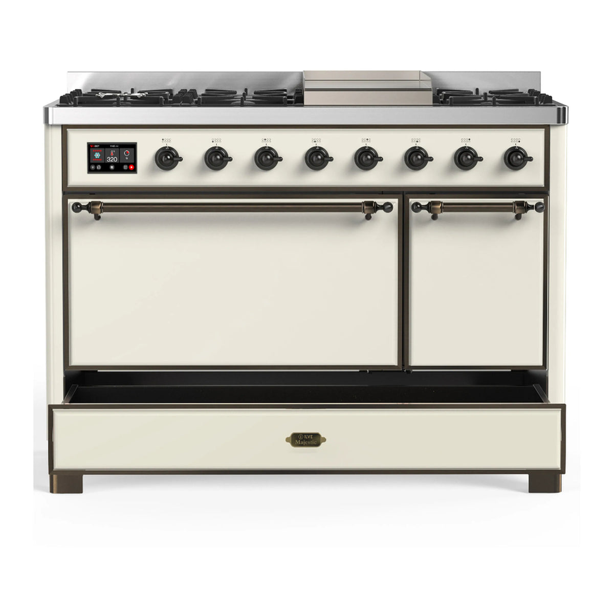 Antique white dual fuel range with two cabinet doors and control panel above