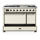 ILVE Majestic III 48-inch Dual Fuel Range with 5 Liquid Propane Burner, Griddle and Solid Door Electric Oven in Antique White with Burnished Trim (UM48FQNR3AWBLP)