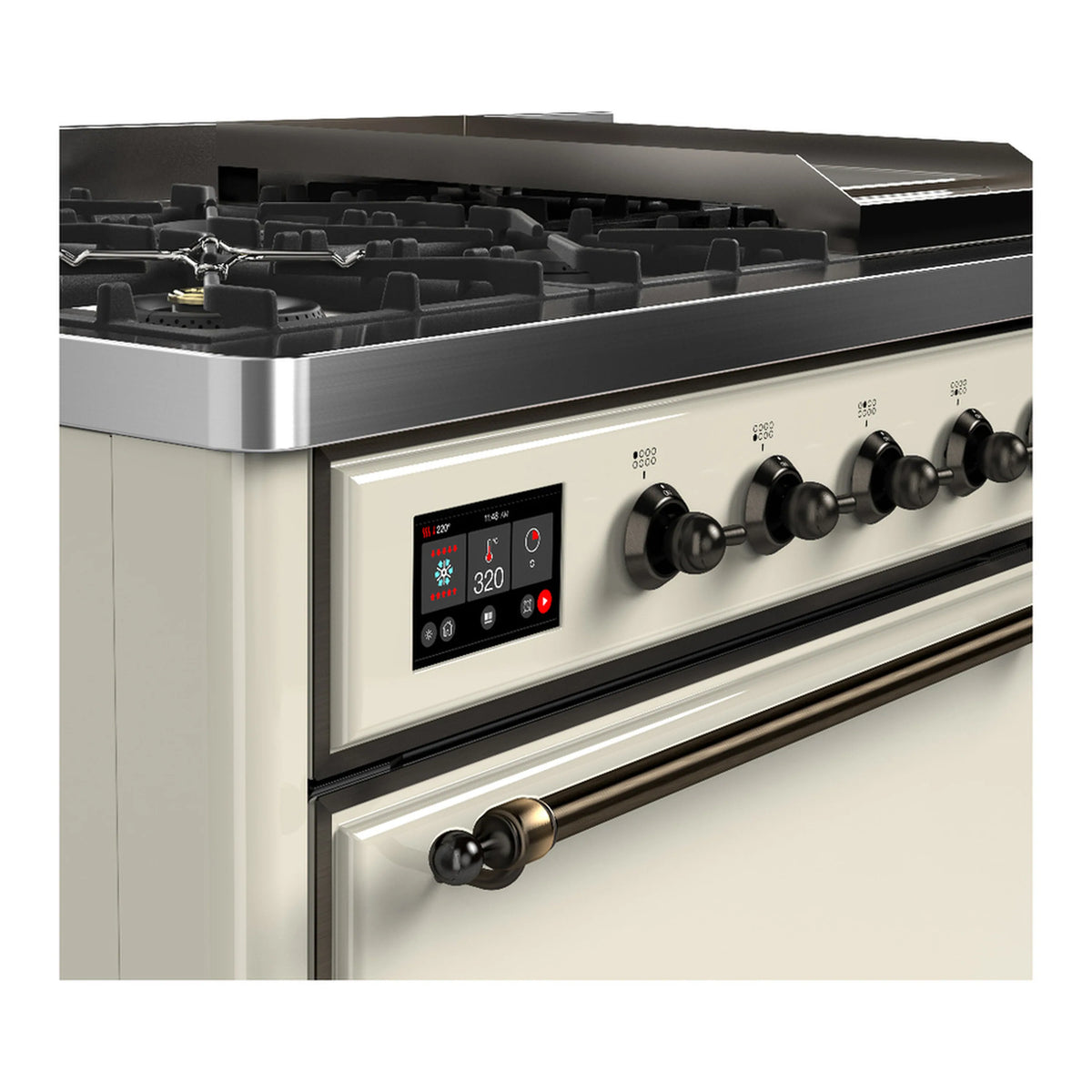 Antique white dual-fuel range control panel with digital display and black burner knobs