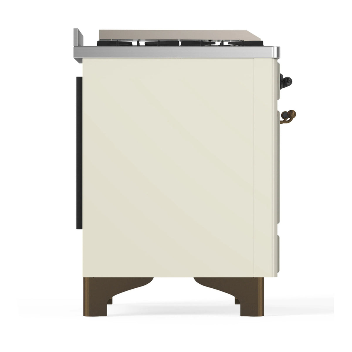 Antique white dual-fuel range side panel with black handle and brass-trim base