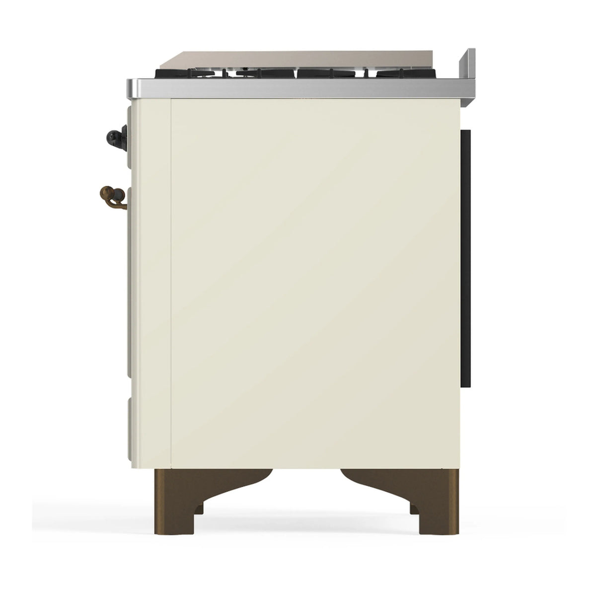 Antique white dual fuel range opposite side view with solid panel and legs