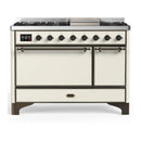 ILVE Majestic III 48-inch Dual Fuel Range with 5 Liquid Propane Burner, Griddle and Solid Door Electric Oven in Antique White with Burnished Trim (UM48FQNR3AWBLP)