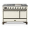 ILVE Majestic III 48-inch Dual Fuel Range with 5 Liquid Propane Burner, Griddle and Solid Door Electric Oven in Antique White with Burnished Trim (UM48FQNR3AWBLP)