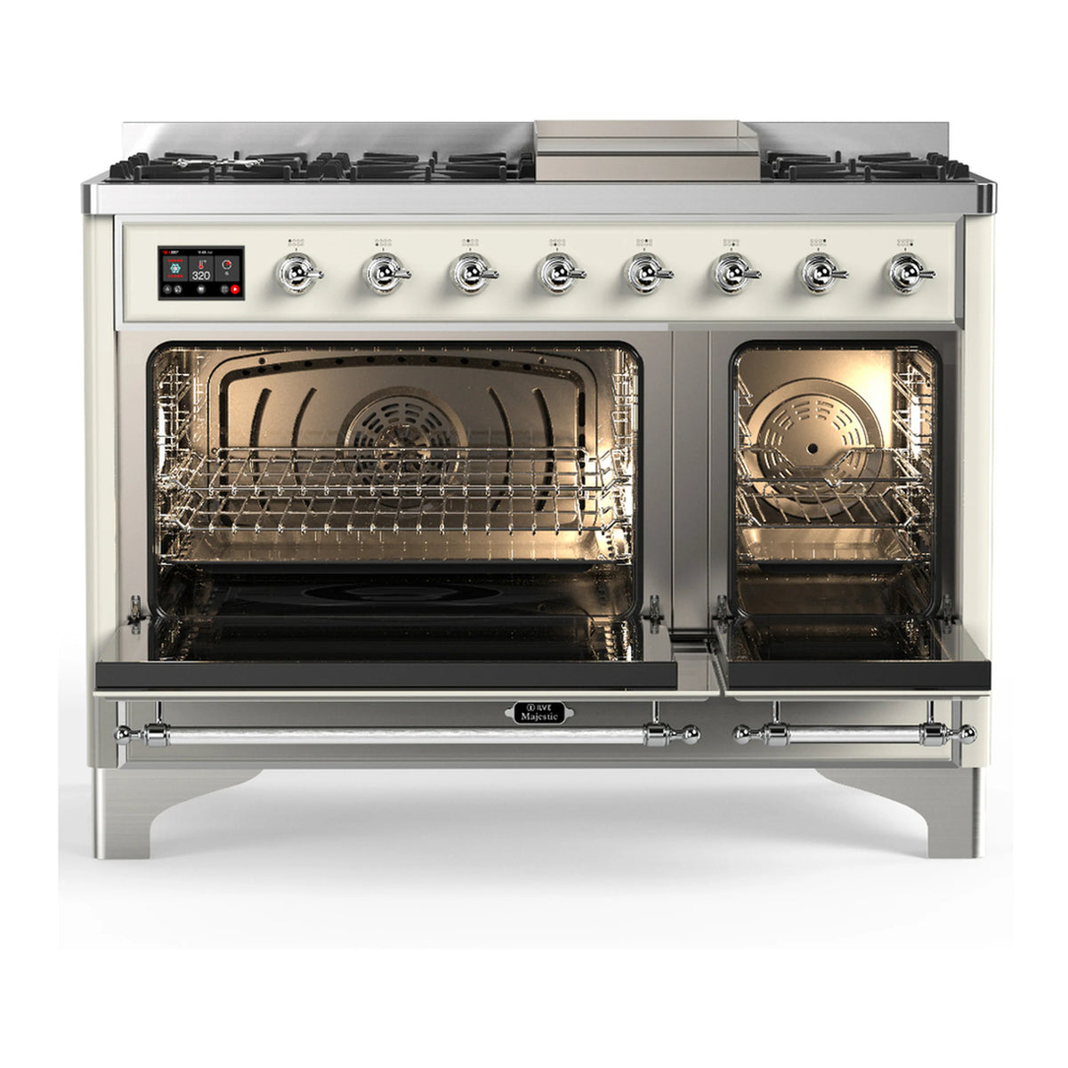 Antique white dual fuel range with burners and open oven doors showing racks and broil area