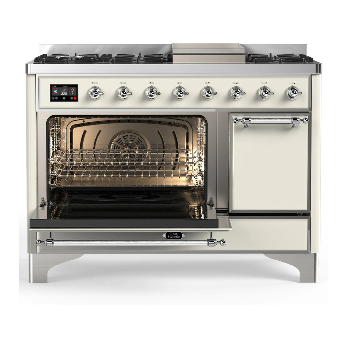 Antique white dual-fuel range with chrome trim, griddle, and left oven door open