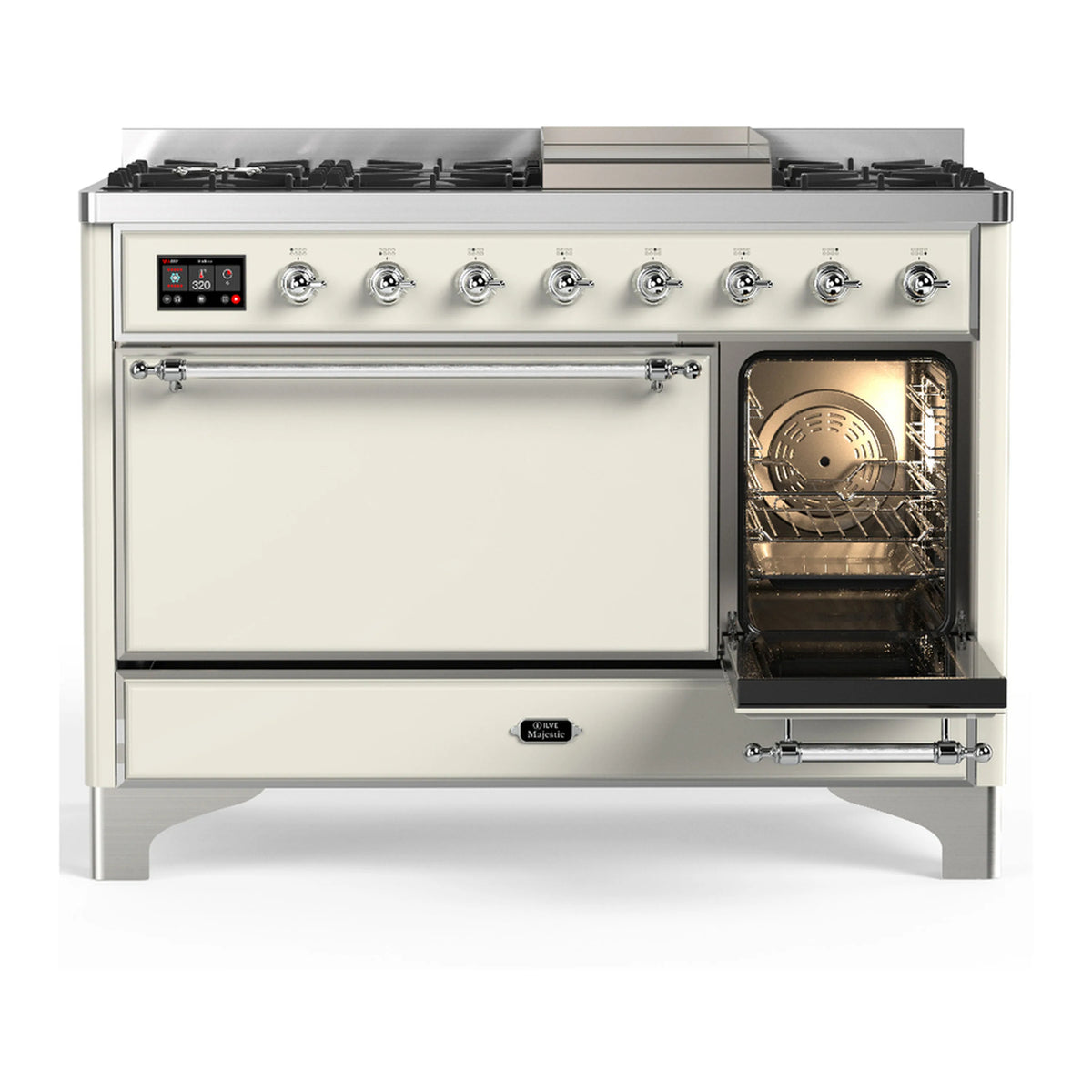 Antique white dual fuel range with chrome trim, open oven door, and front control knobs