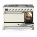 ILVE Majestic III 48-inch Dual Fuel Range with 5 Natural Gas Burner, Griddle and Solid Door Electric Oven in Antique White with Chrome Trim (UM48FQNR3AWC)