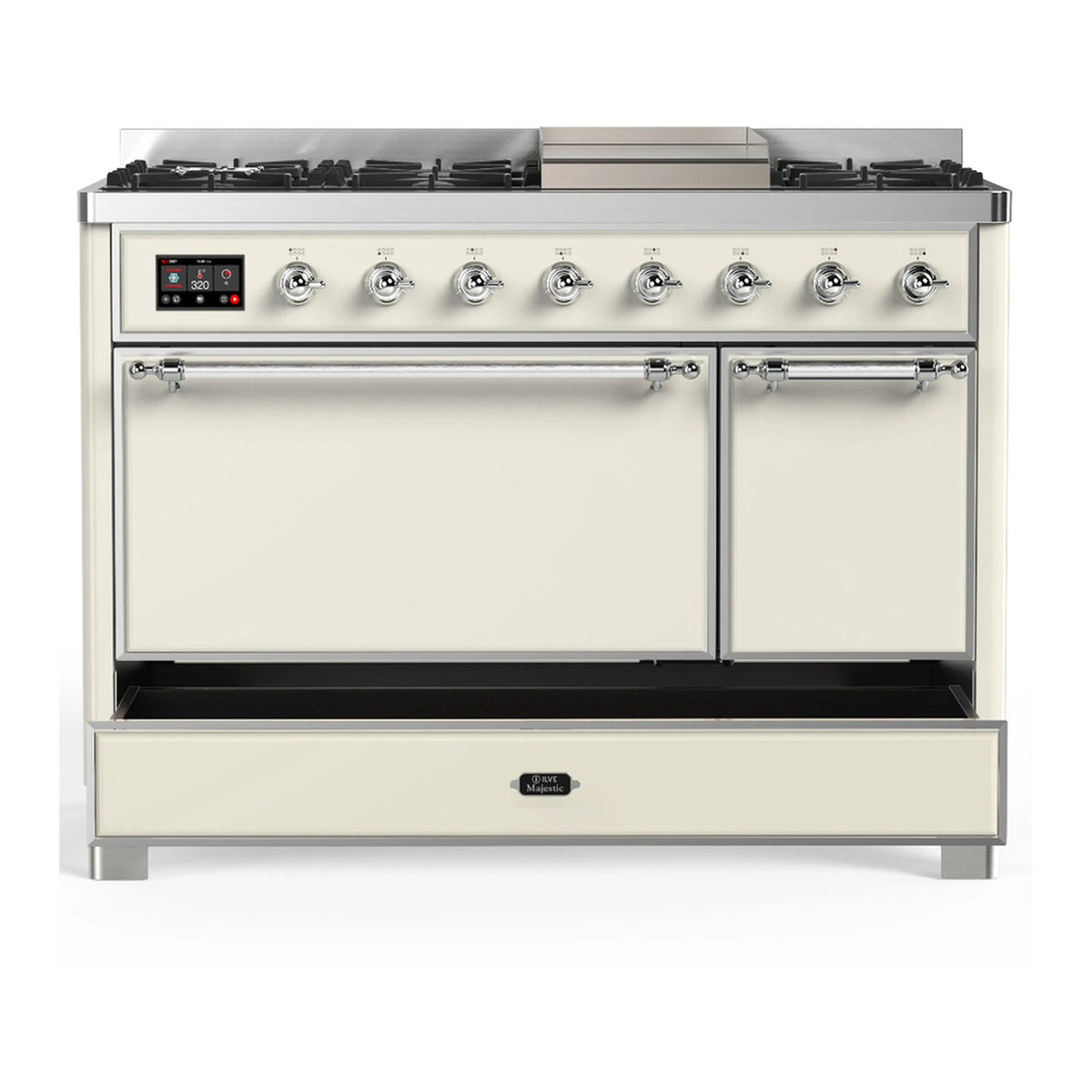 Antique white dual-fuel range with chrome trim, closed oven doors and front control panel