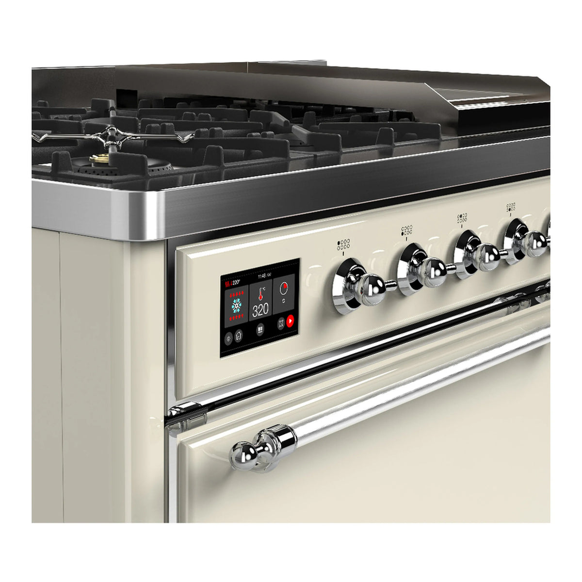 Antique white dual fuel range control panel with digital display and chrome knob handles