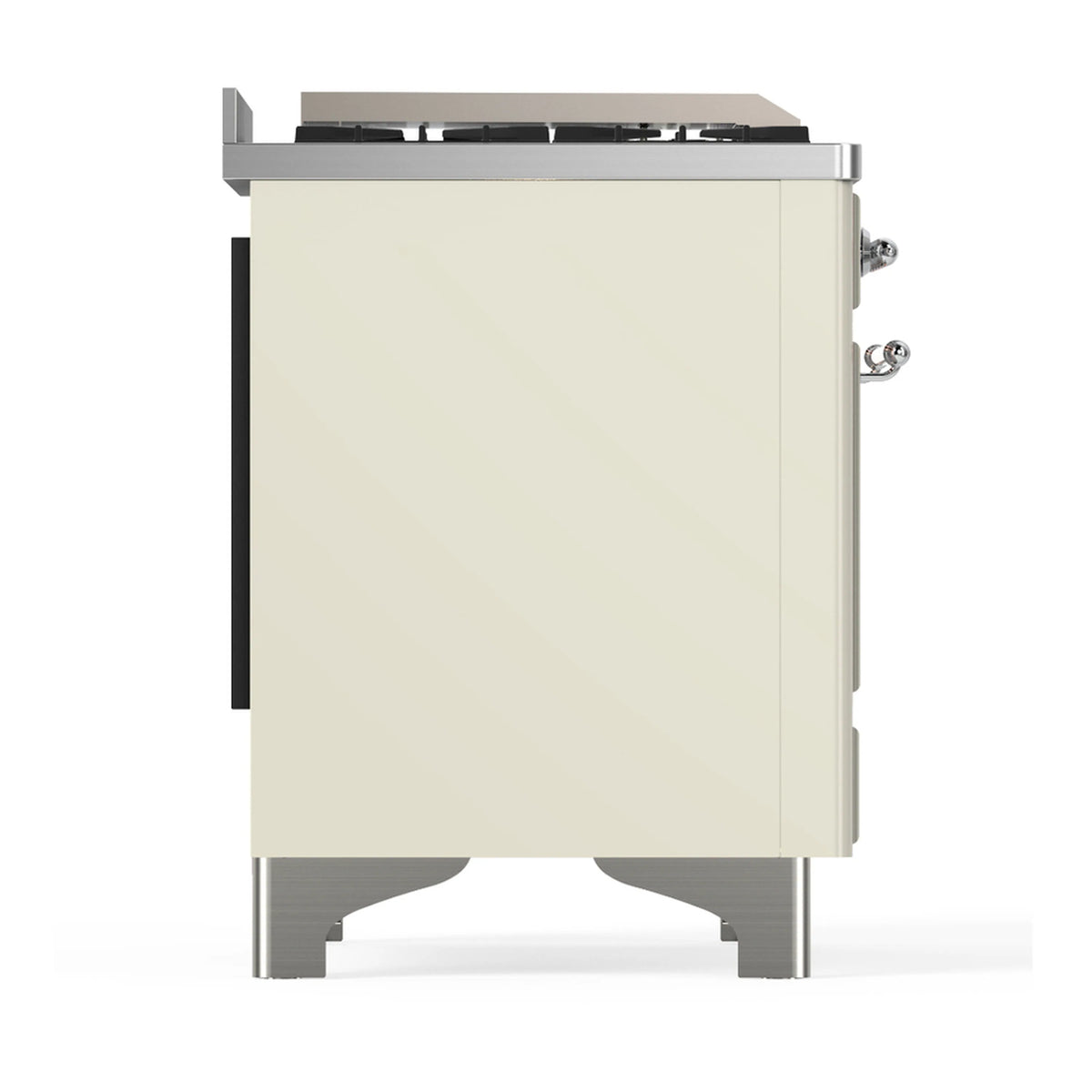 Antique white dual-fuel range side panel with chrome legs and side control features