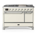 ILVE Majestic III 48-inch Dual Fuel Range with 5 Liquid Propane Burner, Griddle and Solid Door Electric Oven in Antique White with Chrome Trim (UM48FQNR3AWCLP)