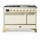 ILVE Majestic III 48-inch Dual Fuel Range with 5 Natural Gas Burner, Griddle and Solid Door Electric Oven in Antique White with Brass Trim (UM48FQNR3AWG)