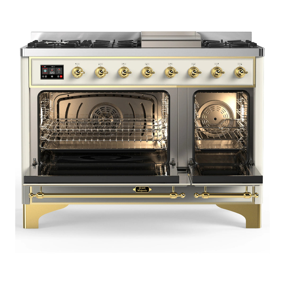 Antique white range with brass trim and open electric oven door showing racks