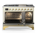 ILVE Majestic III 48-inch Dual Fuel Range with 5 Natural Gas Burner, Griddle and Solid Door Electric Oven in Antique White with Brass Trim (UM48FQNR3AWG)