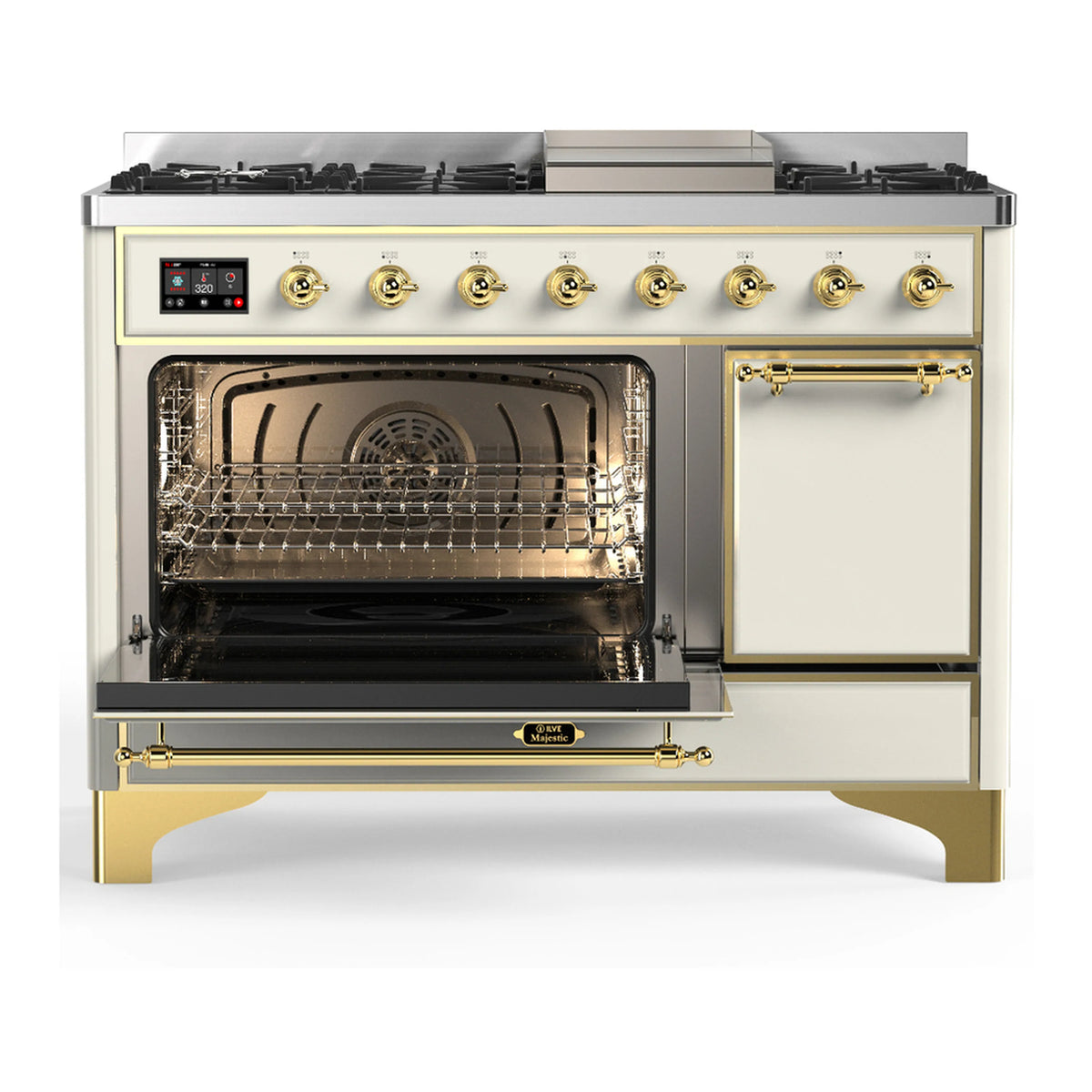 Antique white range with open oven and closed side drawer panel, brass-trimmed controls