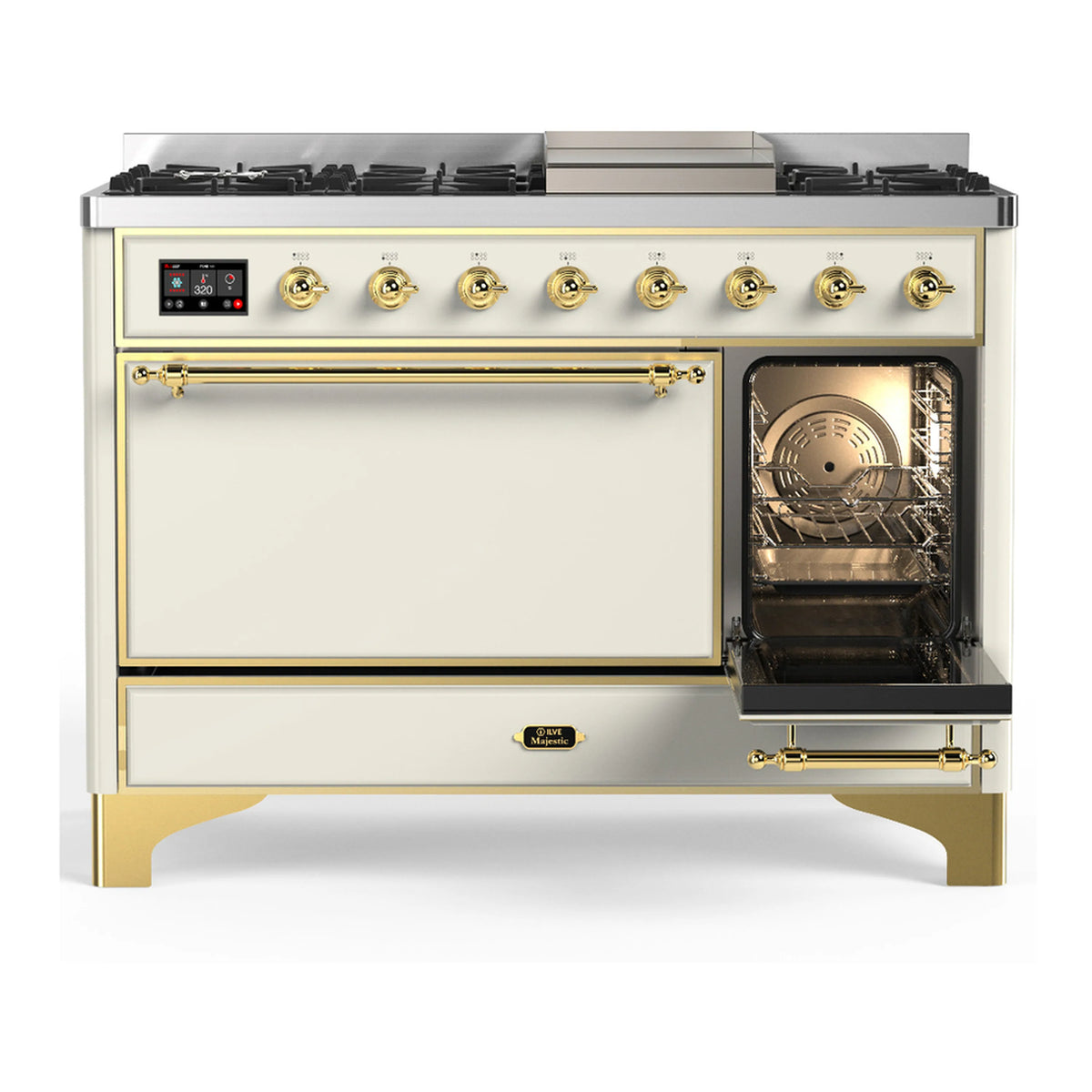 Antique white dual fuel range with brass trim, right oven door open