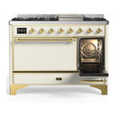ILVE Majestic III 48-inch Dual Fuel Range with 5 Natural Gas Burner, Griddle and Solid Door Electric Oven in Antique White with Brass Trim (UM48FQNR3AWG)