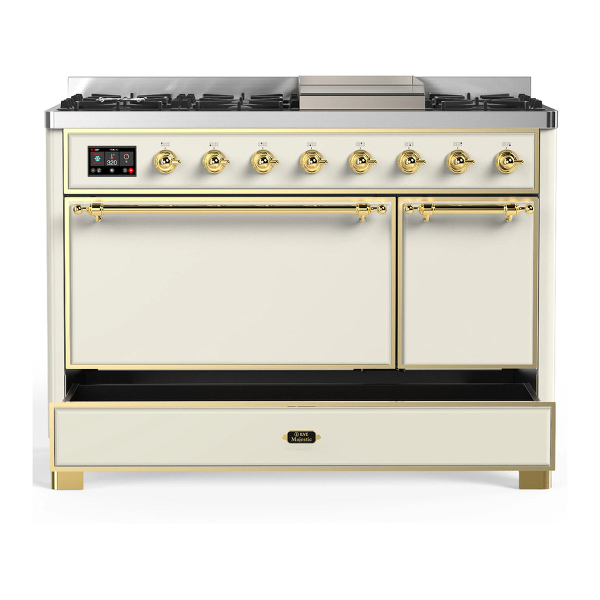 Antique white dual fuel range with brass control knobs and open lower drawer