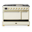 ILVE Majestic III 48-inch Dual Fuel Range with 5 Natural Gas Burner, Griddle and Solid Door Electric Oven in Antique White with Brass Trim (UM48FQNR3AWG)