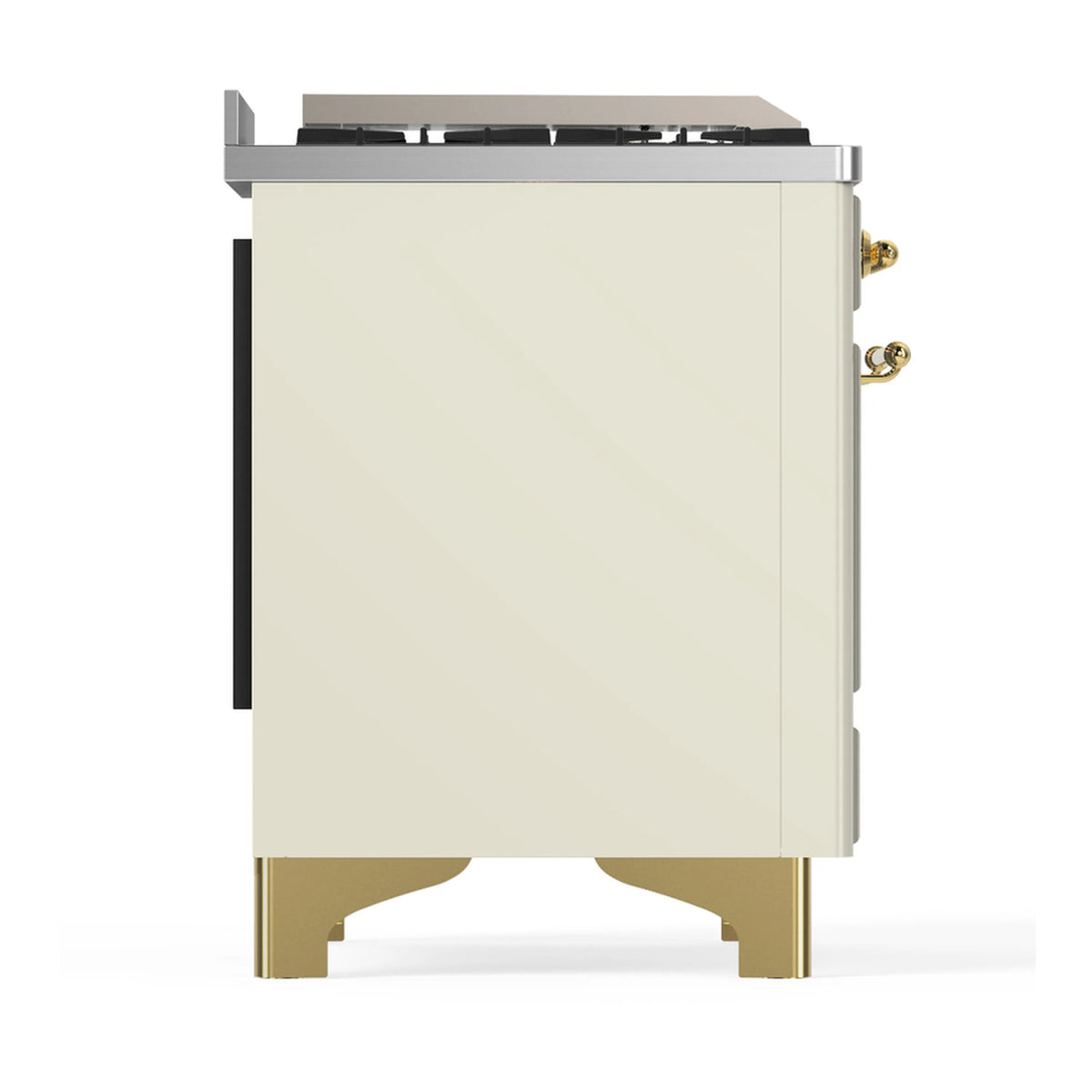 Antique white range side panel with brass trim and legs, showing top burner area