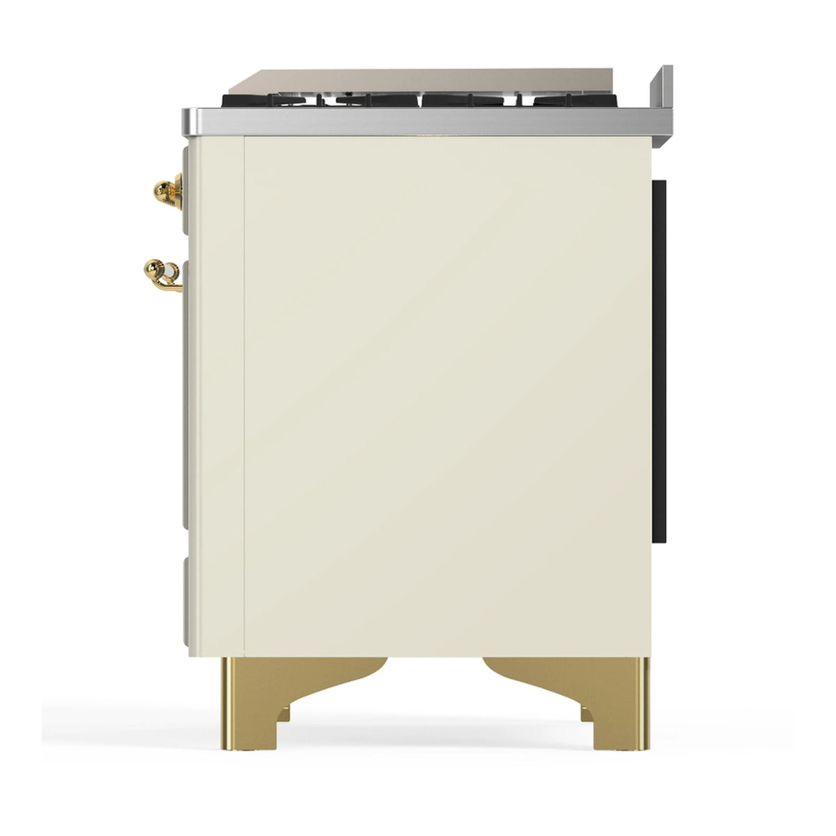 Antique white range side with brass feet and control-side trim, rear corner view