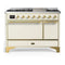 ILVE Majestic III 48-inch Dual Fuel Range with 5 Natural Gas Burner, Griddle and Solid Door Electric Oven in Antique White with Brass Trim (UM48FQNR3AWG)