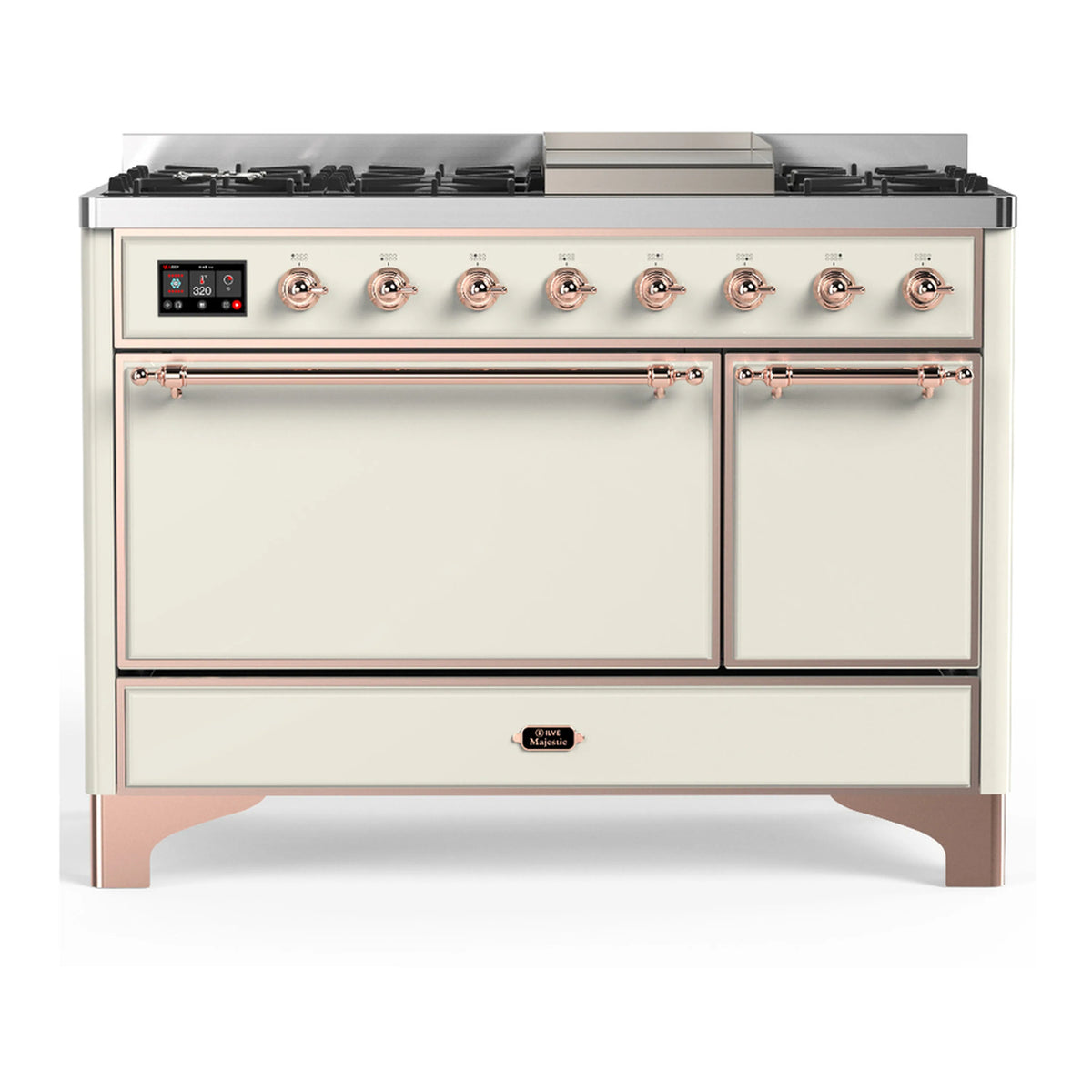 Dual fuel range in antique white with copper trim, front view with oven doors closed