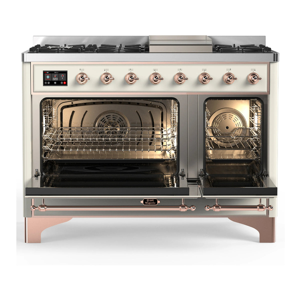Dual fuel range in antique white with copper trim, front doors open to gas oven interior