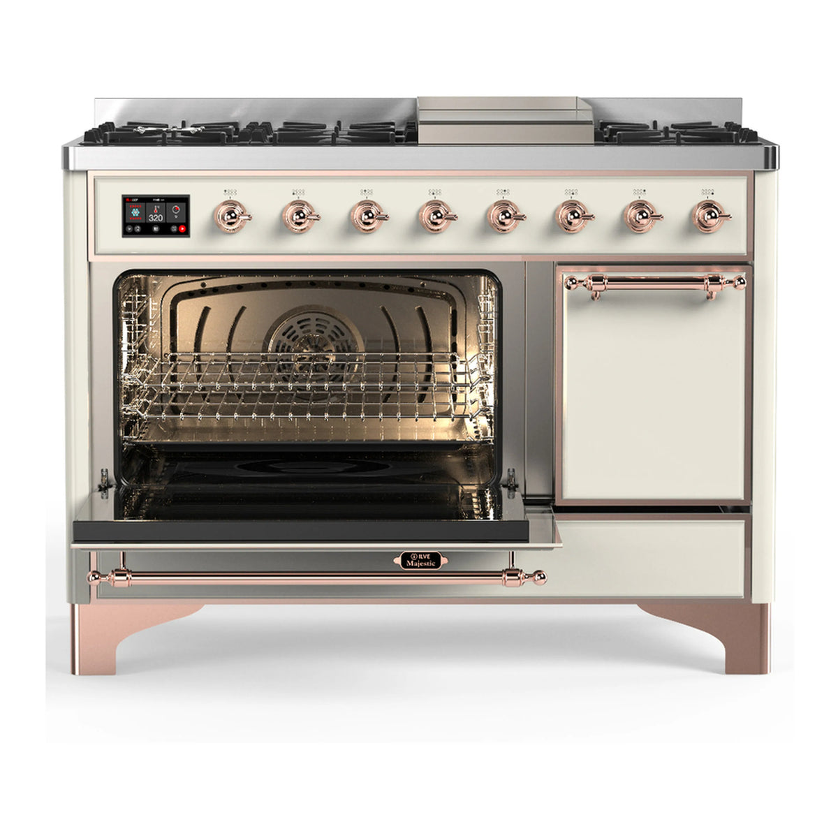 Dual fuel range in antique white with copper trim, main oven open with racks visible