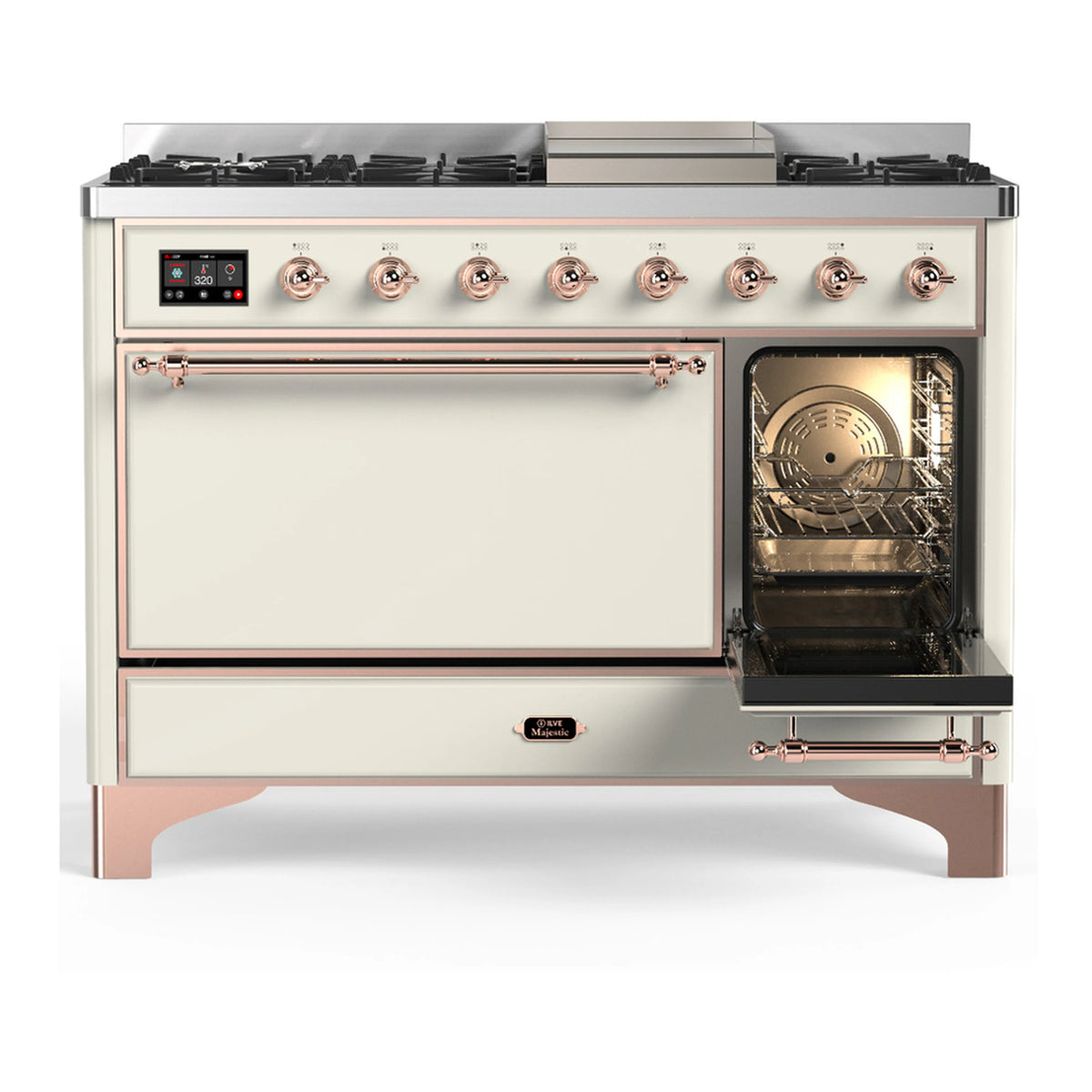 Dual fuel range in antique white with copper trim, griddle front with oven door open
