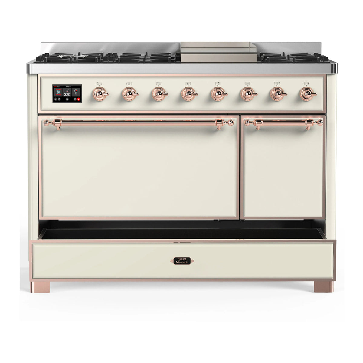 Dual fuel range in antique white with copper trim, both oven doors closed and storage drawer