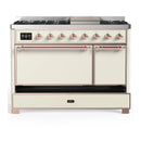 ILVE Majestic III 48-inch Dual Fuel Range with 5 Natural Gas Burner, Griddle and Solid Door Electric Oven in Antique White with Copper Trim (UM48FQNR3AWP)
