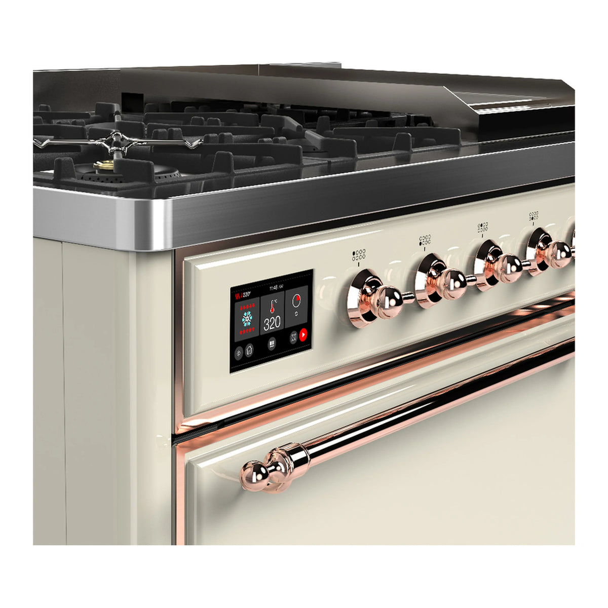 Dual fuel range control panel with copper knobs and digital display in antique white