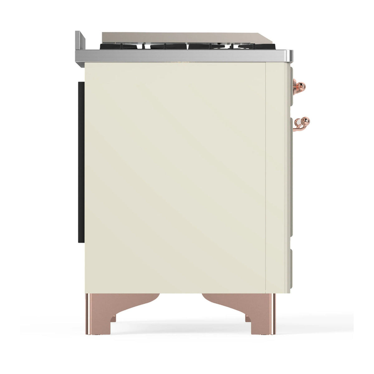 Dual fuel range in antique white with copper base trim, side view of solid oven doors