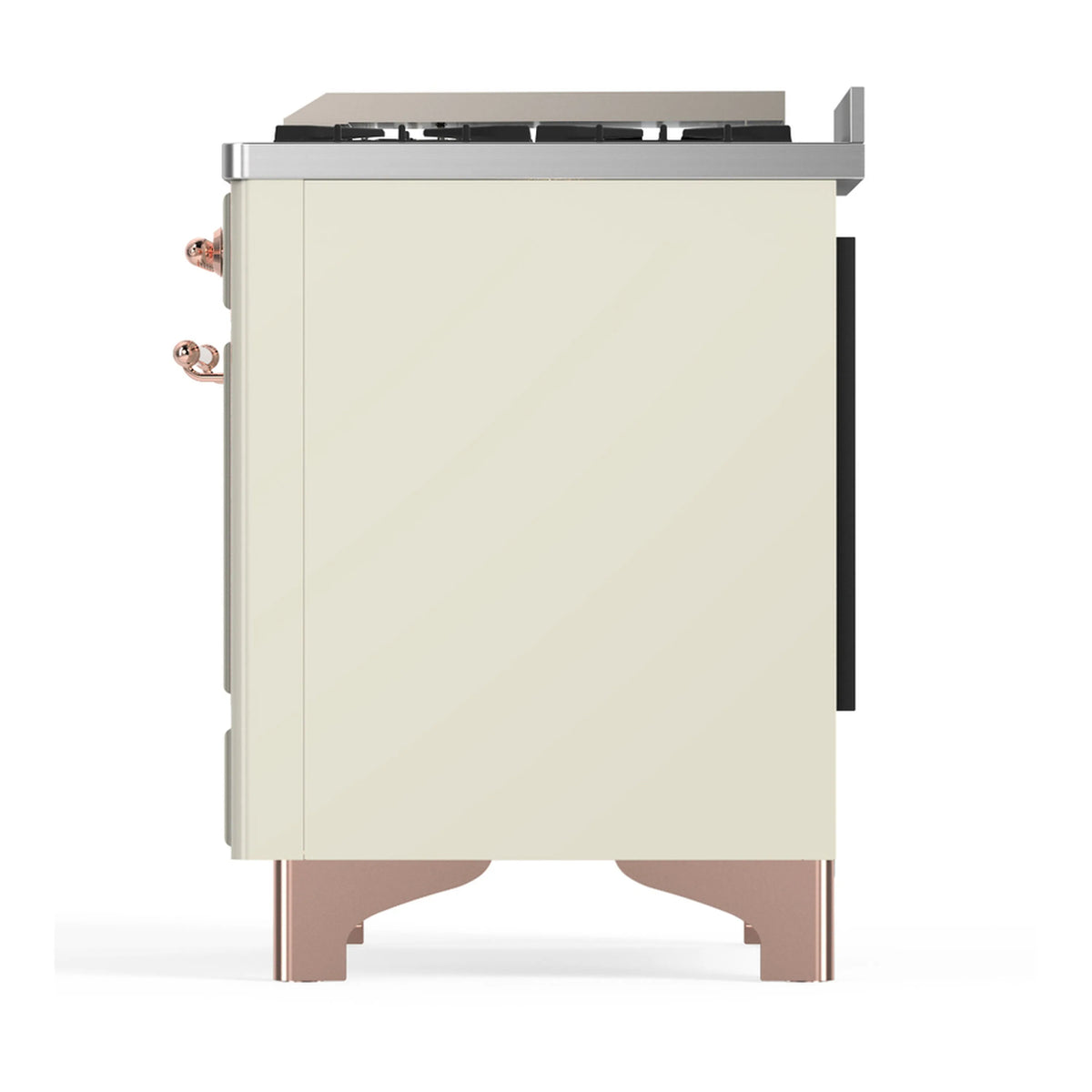 Dual fuel range in antique white with copper base trim, side angle with control panel edge