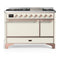 ILVE Majestic III 48-inch Dual Fuel Range with 5 Liquid Propane Burner, Griddle and Solid Door Electric Oven in Antique White with Copper Trim (UM48FQNR3AWPLP)