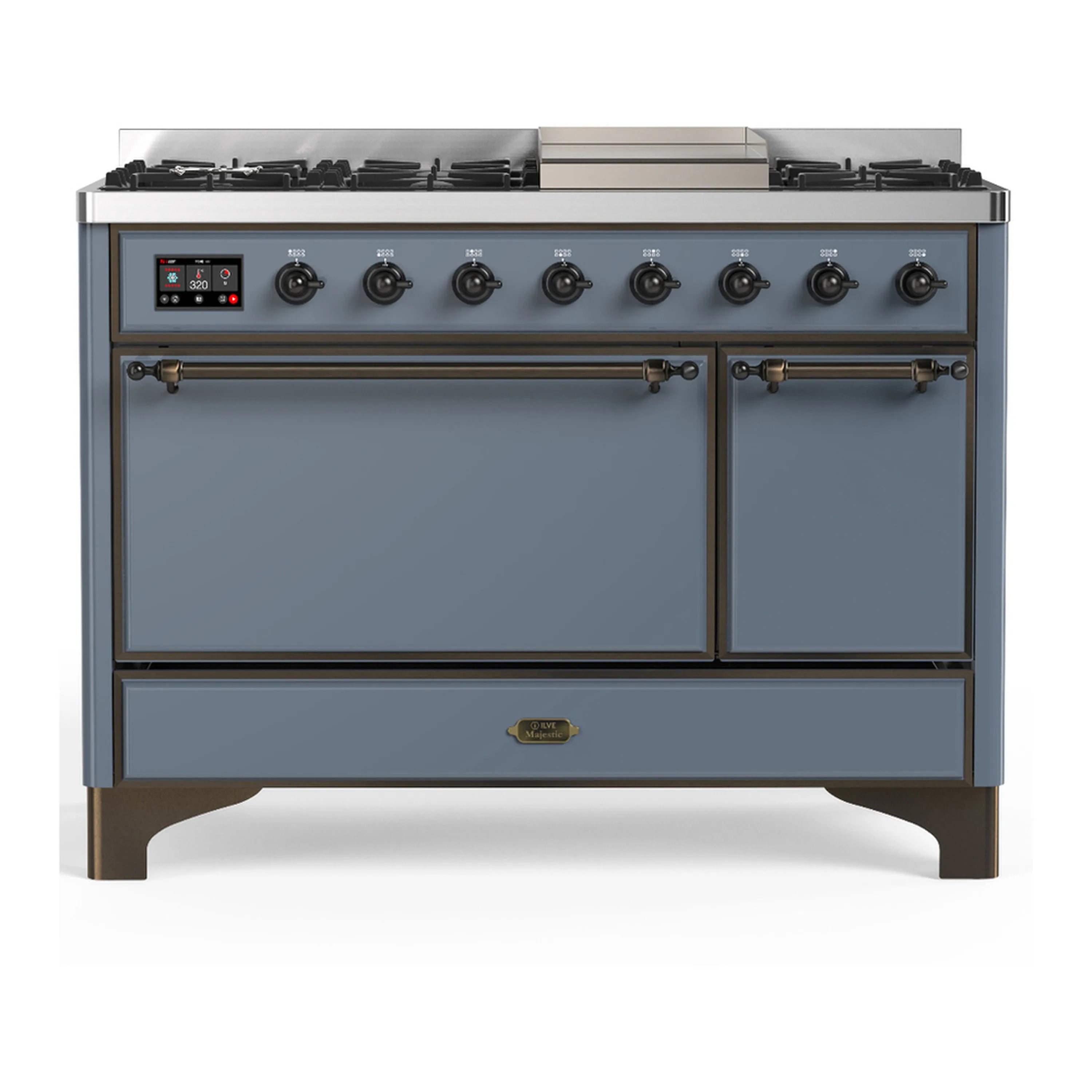 Blue grey dual fuel range with two oven doors, control knobs, and gas cooktop burners