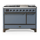ILVE Majestic III 48-inch Dual Fuel Range with 5 Natural Gas Burner, Griddle and Solid Door Electric Oven in Blue Grey with Burnished Trim (UM48FQNR3BGB)