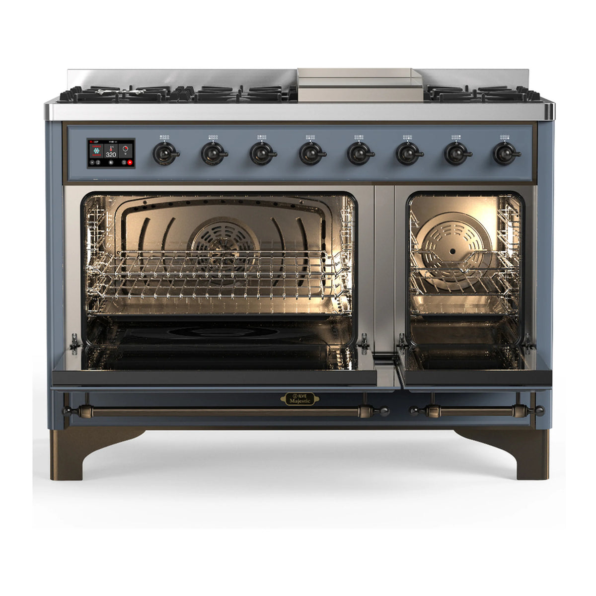 Blue grey dual fuel range with open ovens and control knobs; gas burners across top