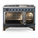 ILVE Majestic III 48-inch Dual Fuel Range with 5 Natural Gas Burner, Griddle and Solid Door Electric Oven in Blue Grey with Burnished Trim (UM48FQNR3BGB)