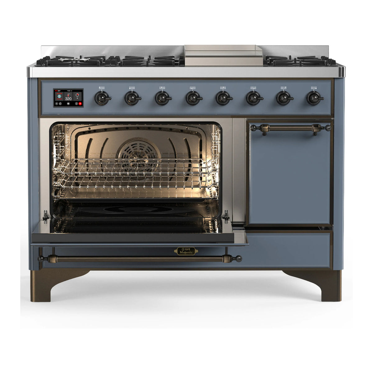 Blue grey dual fuel range with open left oven and closed storage compartment; knob controls