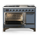 ILVE Majestic III 48-inch Dual Fuel Range with 5 Natural Gas Burner, Griddle and Solid Door Electric Oven in Blue Grey with Burnished Trim (UM48FQNR3BGB)