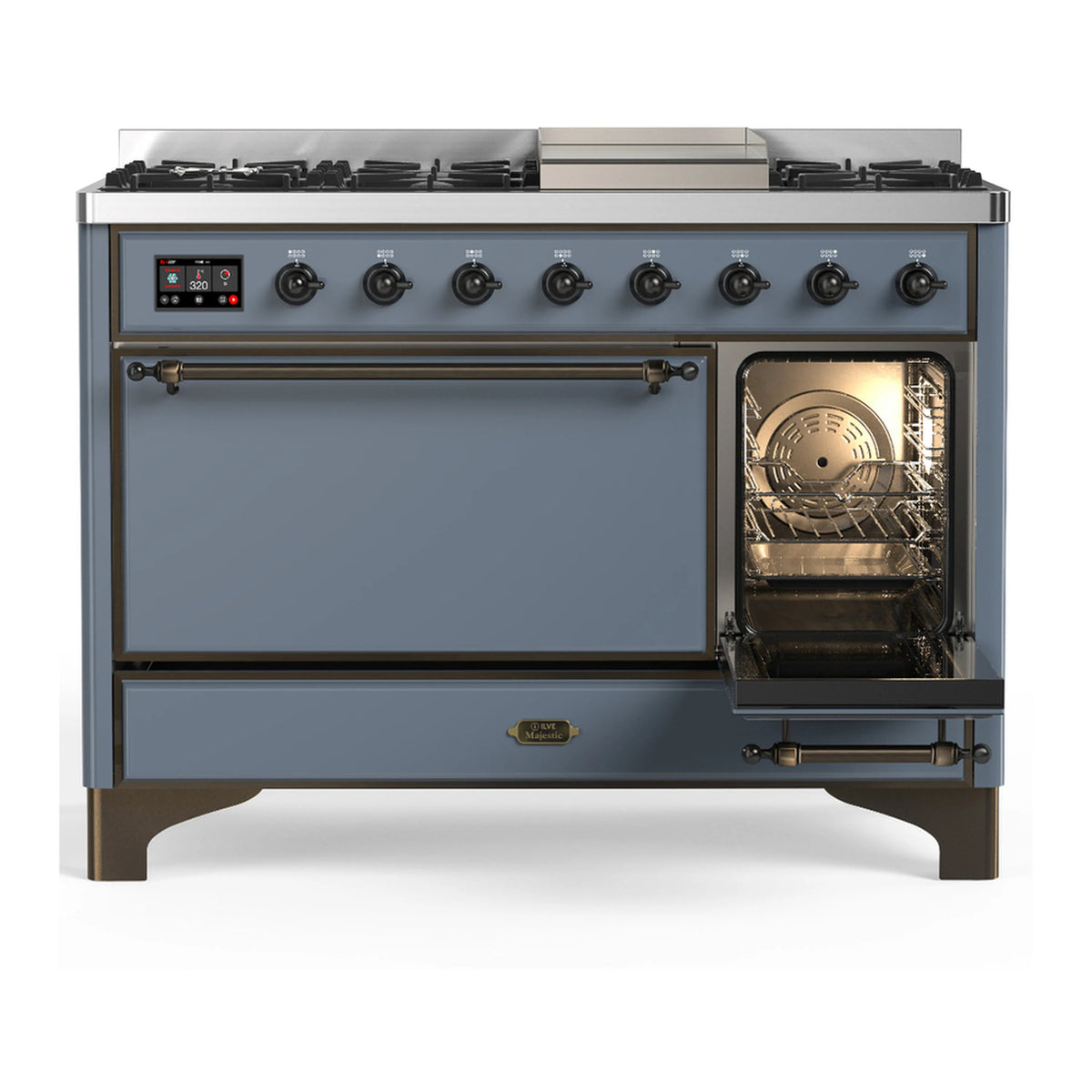 Blue grey dual fuel range with one oven door open and control panel with burner knobs